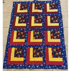 Handmade Small Quilt Blue Red Teddy Bear Star Patchwork Log Cabin Blanket